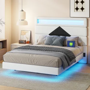 Bed 140×200 cm, Zwevend bed met diamant hoofdeinde, met USB en LED verlichting, – Wit Bed 140×200 cm, Zwevend bed met diamant hoofdeinde, met USB en LED verlichting, – Wit