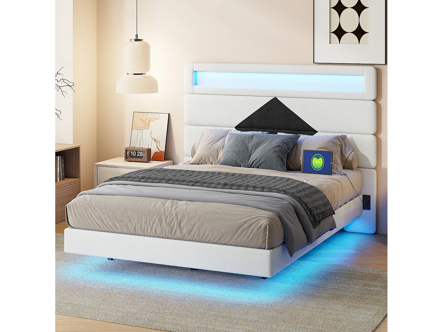 Bed 140x200 cm, Zwevend bed met diamant hoofdeinde, met USB en LED verlichting, - Wit