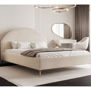 BESILIO Gestoffeerd bed Boucle 160×200 Velora II – lattenbodem, hoofdbord, opbergruimte, slank bed, hoge gouden poten – Crème