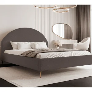 BESILIO Gestoffeerd bed Boucle 200×200 Velora II – lattenbodem, hoofdbord, opbergruimte, slank bed, hoge gouden poten – Bruin
