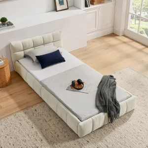 Beige eenpersoonsbed kinderbed 90x200cm, vierkant gewatteerd, chenille stof, hout + metaal Beige eenpersoonsbed kinderbed 90x200cm, vierkant gewatteerd, chenille stof, hout + metaal