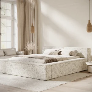 Bed met opbergruimte 180 x 200 cm met hoofdeinde VOLIERA – van geweven stof – beige