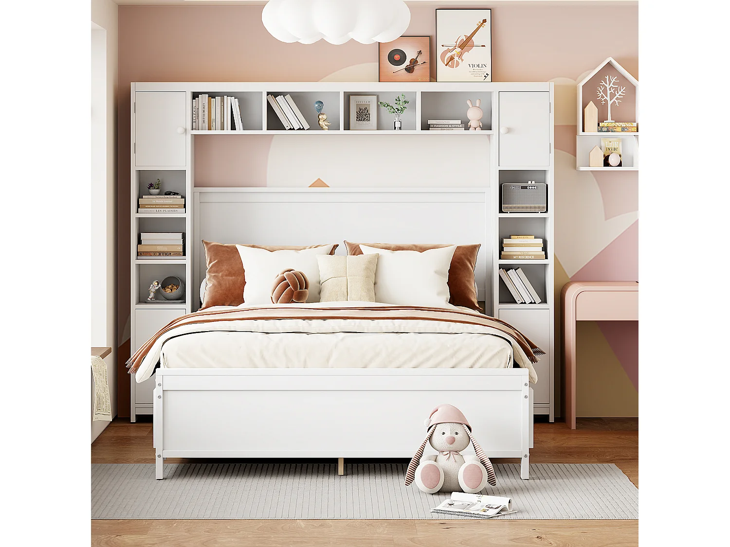 Bed 140x200 cm met opbergruimte, wit massief hout/MDF, 4 lades en opbergkast