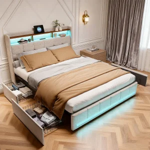 Bed van 140×200 cm – met led- en usb-poorten – 4 opberglades en gestoffeerd hoofdbord – lattenbodem – beige linnen Bed van 140×200 cm – met led- en usb-poorten – 4 opberglades en gestoffeerd hoofdbord – lattenbodem – beige linnen