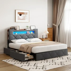 Bed 140x190cm met LED- en USB-basis, gestoffeerd met 3 lades, hoofdbord met opbergruimte, fluweel, grijs Bed 140x190cm met LED- en USB-basis, gestoffeerd met 3 lades, hoofdbord met opbergruimte, fluweel, grijs