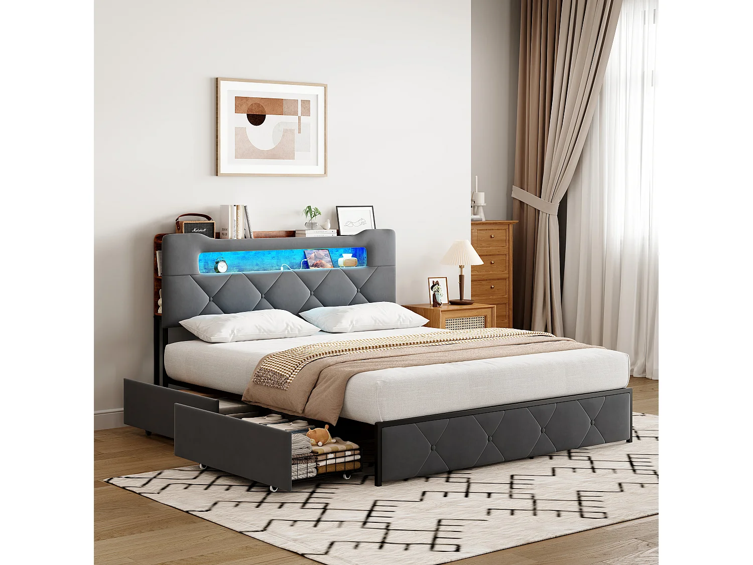 Bed 140x190cm met LED- en USB-basis, gestoffeerd met 3 lades, hoofdbord met opbergruimte, fluweel, grijs