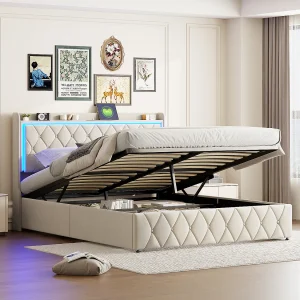 Bed 140×190 cm met lattenbodem, elegante ledverlichting, USB-oplaadfunctie en opbergruimte, fluweel, beige Bed 140×190 cm met lattenbodem, elegante ledverlichting, USB-oplaadfunctie en opbergruimte, fluweel, beige