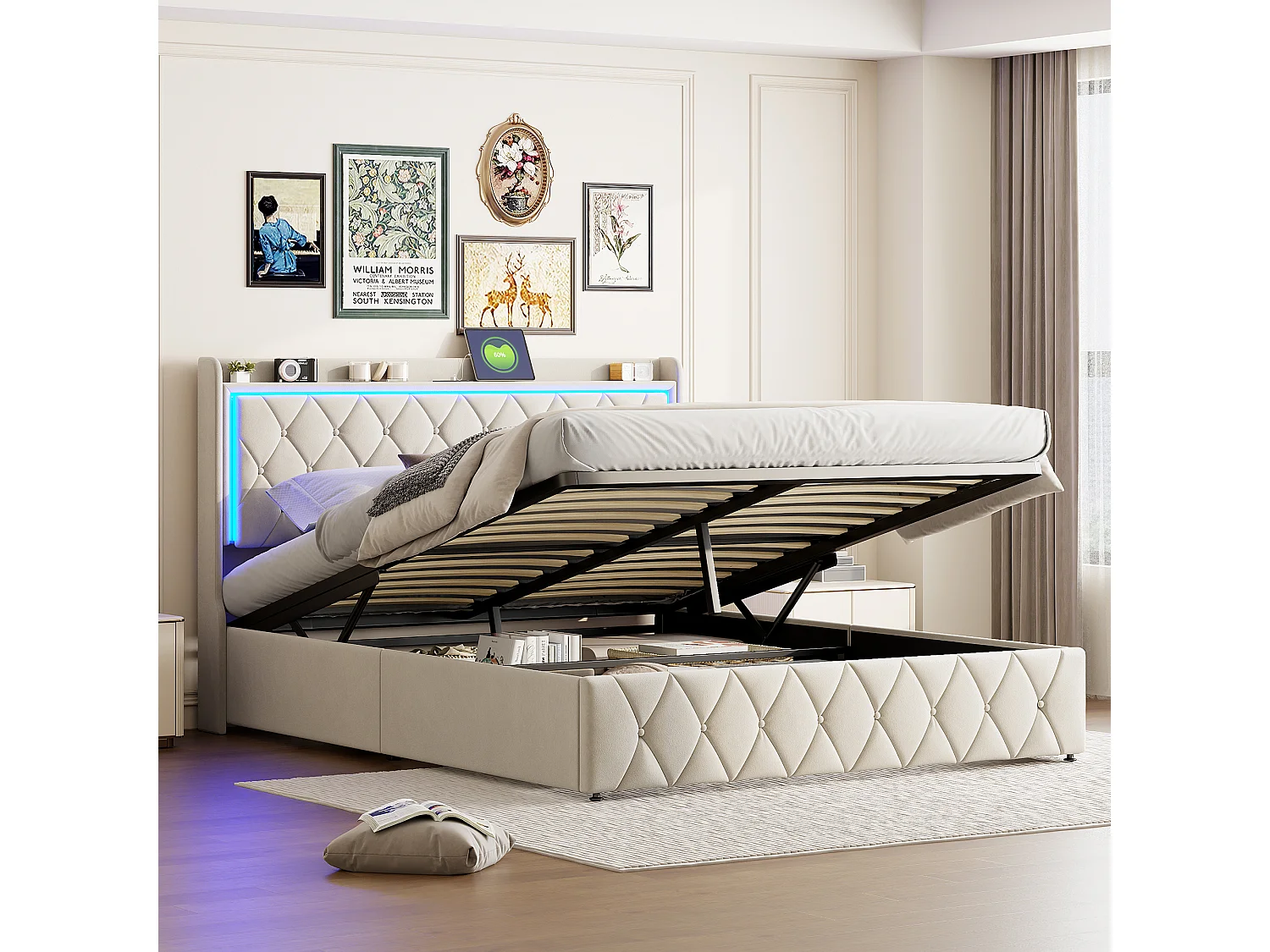 Bed 140x190 cm met lattenbodem, elegante ledverlichting, USB-oplaadfunctie en opbergruimte, fluweel, beige