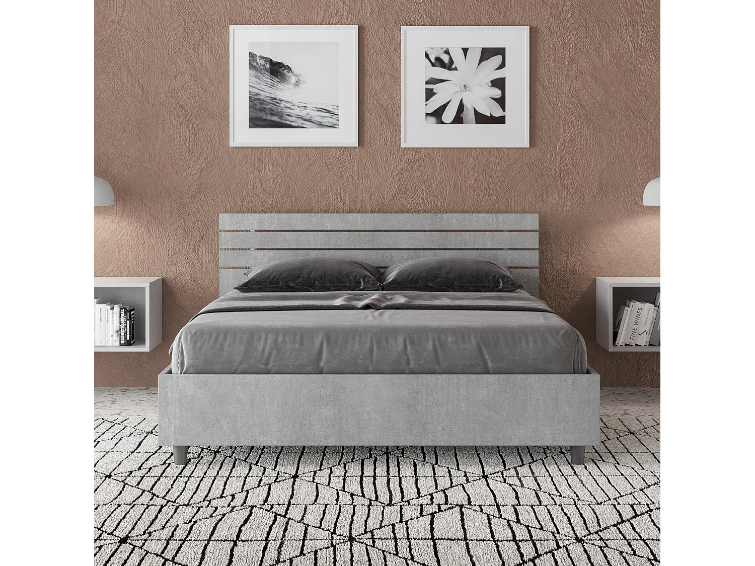 Bed 140x200 zonder lattenbodem schuin bedhoofd met laatten cement Ankel