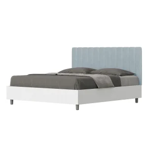 Bed 160×190 met opbergruimte bedframe eiken wit hoofdeinde microvezel lichtblauw Kaia