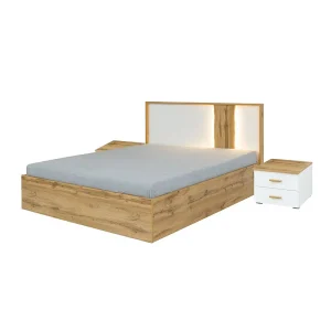 Pack bed 160×200 met LED + 2 nachtkastjes WOOD kleur wit en eiken Pack bed 160×200 met LED + 2 nachtkastjes WOOD kleur wit en eiken