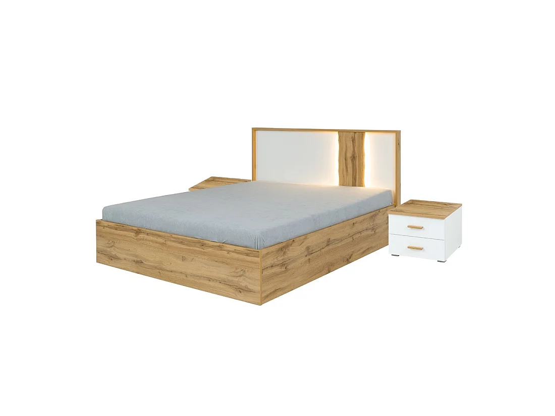 Pack bed 160x200 met LED + 2 nachtkastjes WOOD kleur wit en eiken