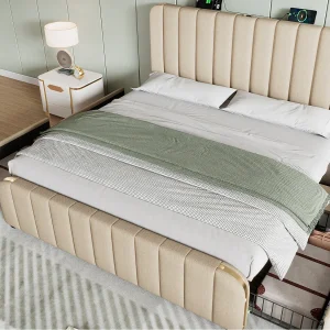 Bed met lades 140×190 cm van linnenstof – met USB- & Type-C-opladen – versierd met gouden strepen – Beige (zonder matras) Bed met lades 140×190 cm van linnenstof – met USB- & Type-C-opladen – versierd met gouden strepen – Beige (zonder matras)