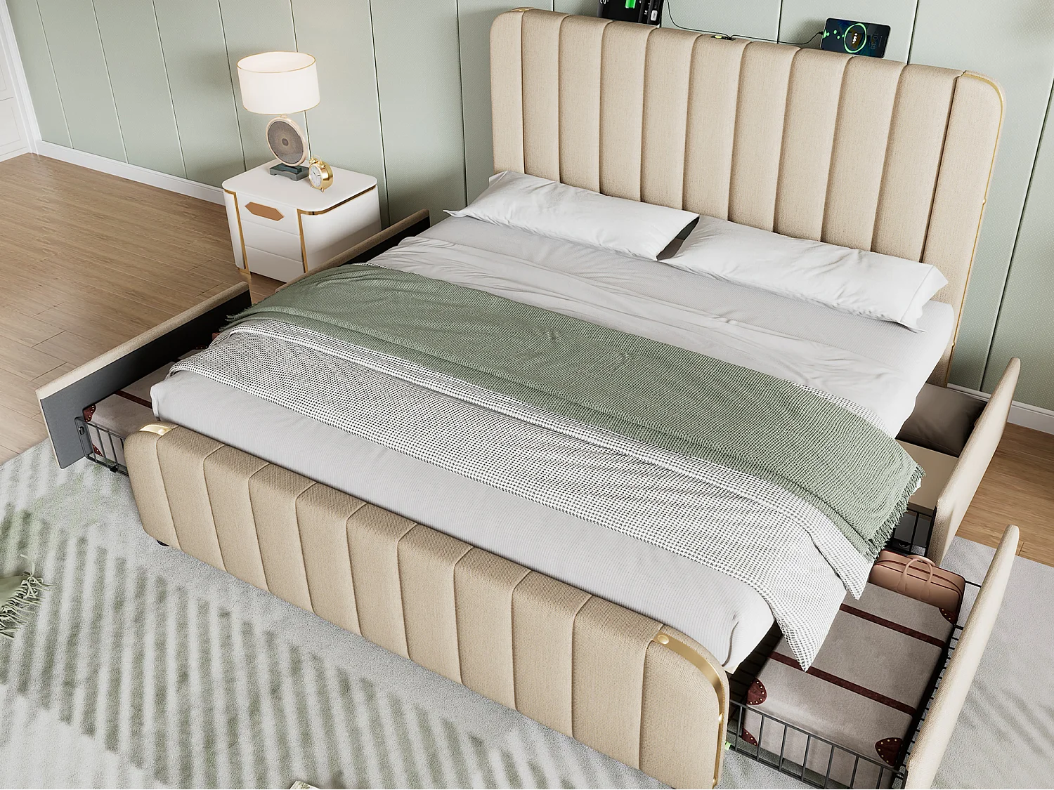 Bed met lades 140x190 cm van linnenstof - met USB- & Type-C-opladen - versierd met gouden strepen - Beige (zonder matras)