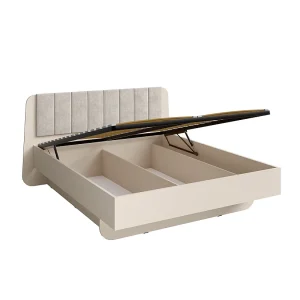 Bed met opbergruimte AMALIE 160×200 cm – Hoofdbord bekleed met beige stof – Lattenbodem inbegrepen – Matras niet inbegrepen Bed met opbergruimte AMALIE 160×200 cm – Hoofdbord bekleed met beige stof – Lattenbodem inbegrepen – Matras niet inbegrepen