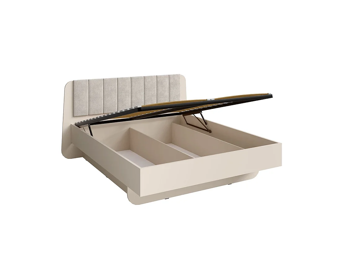 Bed met opbergruimte AMALIE 160x200 cm – Hoofdbord bekleed met beige stof – Lattenbodem inbegrepen – Matras niet inbegrepen