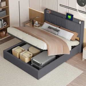 Bed van 160 x 200 cm met opbergruimte – hoofdbord met 2 USB-poorten + 1 Type-C-poort – hydraulisch opbergvak – beddengoed – grijs Bed van 160 x 200 cm met opbergruimte – hoofdbord met 2 USB-poorten + 1 Type-C-poort – hydraulisch opbergvak – beddengoed – grijs