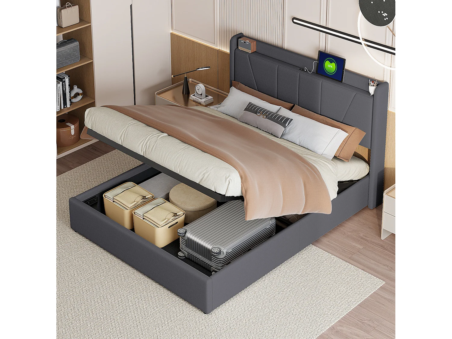 Bed van 160 x 200 cm met opbergruimte – hoofdbord met 2 USB-poorten + 1 Type-C-poort – hydraulisch opbergvak – beddengoed – grijs