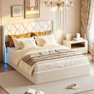 Beige Velvet LED Opbergbed 140×190 cm met USB, Scandinavische Stijl, Stabiele Structuur Beige Velvet LED Opbergbed 140×190 cm met USB, Scandinavische Stijl, Stabiele Structuur