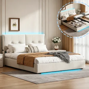 Bed van 160 x 200 cm met opbergruimte, ledverlichting en hydraulisch opbergvak – zijvakken in het hoofdeinde – beige Bed van 160 x 200 cm met opbergruimte, ledverlichting en hydraulisch opbergvak – zijvakken in het hoofdeinde – beige