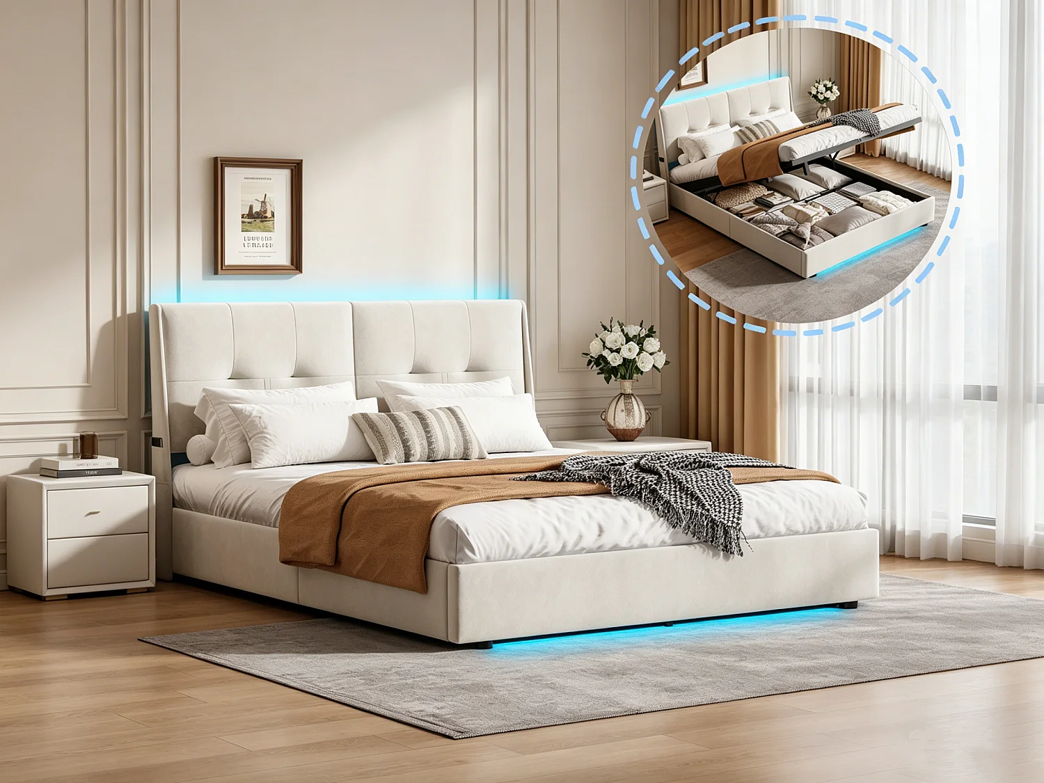 Bed van 160 x 200 cm met opbergruimte, ledverlichting en hydraulisch opbergvak – zijvakken in het hoofdeinde – beige