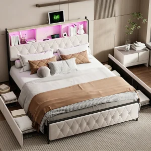 Bed 180×200 met opbergruimte in het hoofdeinde, tweepersoonsbed met led- en usb-poorten, bedframe met 4 lades, bed met lattenbodem, beige Bed 180×200 met opbergruimte in het hoofdeinde, tweepersoonsbed met led- en usb-poorten, bedframe met 4 lades, bed met lattenbodem, beige