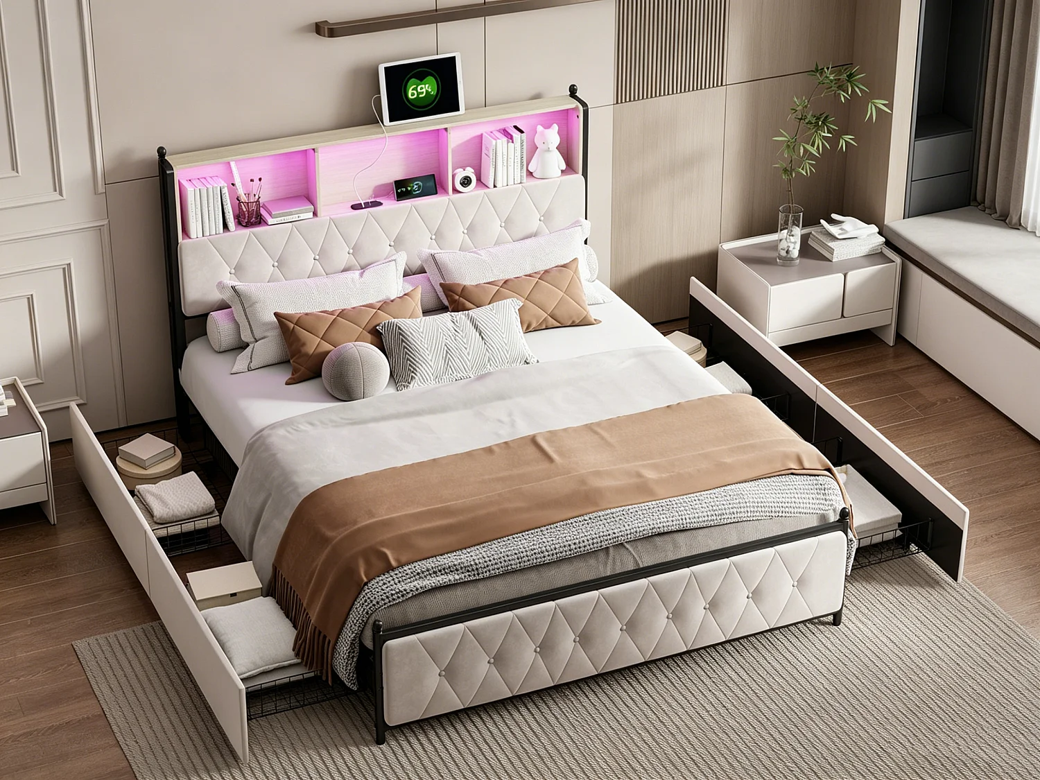 Bed 180x200 met opbergruimte in het hoofdeinde, tweepersoonsbed met led- en usb-poorten, bedframe met 4 lades, bed met lattenbodem, beige