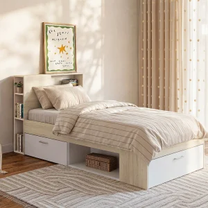 Bed met hoofdbord en lade – 90 x 190 cm – Wit en naturel + Bedbodem – LEANDRE Bed met hoofdbord en lade – 90 x 190 cm – Wit en naturel + Bedbodem – LEANDRE