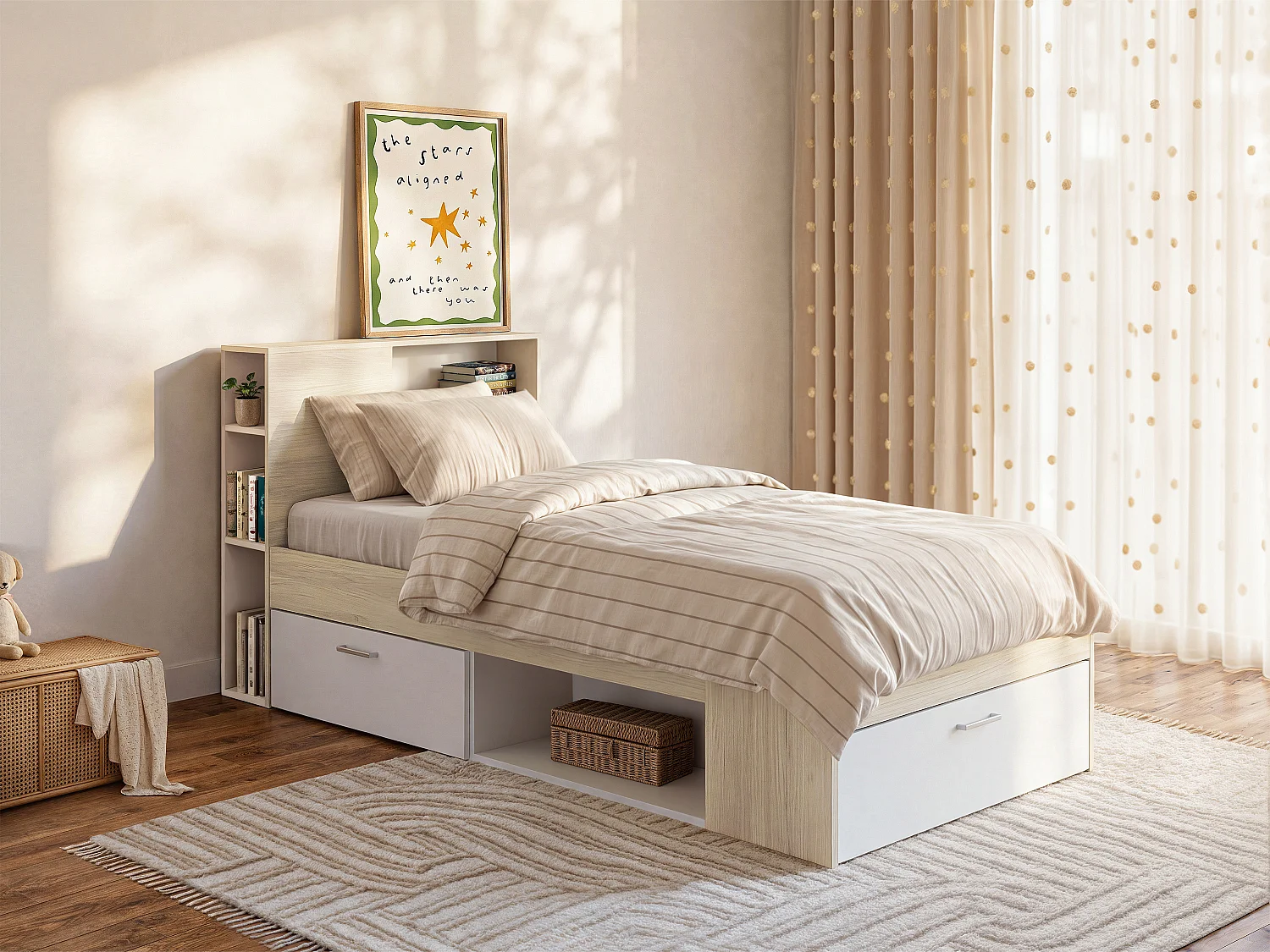 Bed met hoofdbord en lade - 90 x 190 cm - Wit en naturel + Bedbodem - LEANDRE