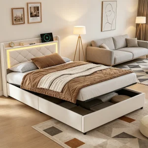 Bed van 90×200 cm, hydraulisch opbergbed met LED-hoofdbord, eenpersoonsbed met opbergruimte en lattenbodem, fluweel, beige Bed van 90×200 cm, hydraulisch opbergbed met LED-hoofdbord, eenpersoonsbed met opbergruimte en lattenbodem, fluweel, beige