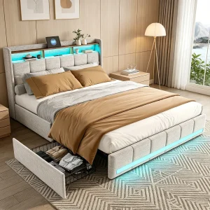 Bedframe 160×200 cm – met LED-verlichting en USB-aansluiting – 4 opberglades en gestoffeerd hoofdbord – lattenbodem – beige linnen