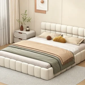 Bed 140×190 cm met lattenbodem, tweepersoonsbed met bekleding en hoofdbord, matras niet inbegrepen, beddengoed Bed 140×190 cm met lattenbodem, tweepersoonsbed met bekleding en hoofdbord, matras niet inbegrepen, beddengoed