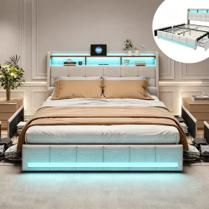 Bedframe 140×190 cm – met LED-verlichting en USB-aansluiting – 4 opberglades en gestoffeerd hoofdbord – lattenbodem – beige linnen
