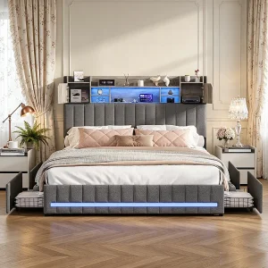 Bedframe 160×200 cm grijs met 4 laden, LED-verlichting, USB-poorten, ademende linnen stof en geïntegreerde opbergruimte