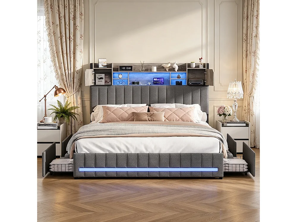 Bedframe 160x200 cm grijs met 4 laden, LED-verlichting, USB-poorten, ademende linnen stof en geïntegreerde opbergruimte
