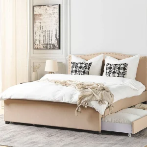 Bed met opbergladen Stof MONTPELLIER 180 x 200 cm Beige Bed met opbergladen Stof MONTPELLIER 180 x 200 cm Beige