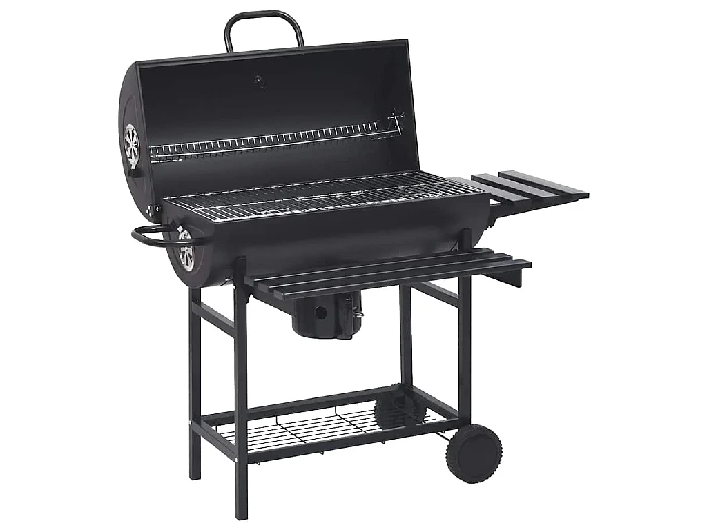 Barbecuevat met wielen en schappen 115x85x95 cm staal zwart