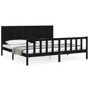 Bedframe met hoofdbord massief hout zwart 200×200 cm Bedframe met hoofdbord massief hout zwart 200×200 cm
