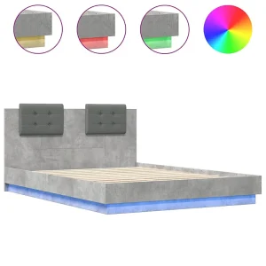 Bedframe met hoofdbord en LED-verlichting betongrijs 150×200 cm