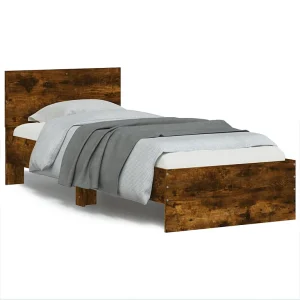Bedframe met hoofdeinde bewerkt hout gerookt eiken 90×190 cm Bedframe met hoofdeinde bewerkt hout gerookt eiken 90×190 cm