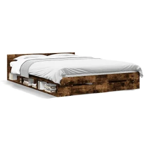 Bedframe met lades bewerkt hout gerookt eikenkleurig 160×200 cm Bedframe met lades bewerkt hout gerookt eikenkleurig 160×200 cm