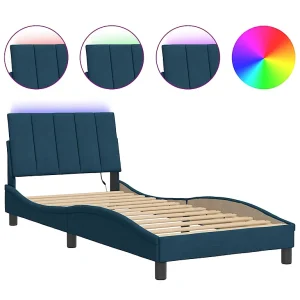 Bedframe met LED zonder matras "Hanko" fluweel blauw 90×190 cm Bedframe met LED zonder matras "Hanko" fluweel blauw 90×190 cm