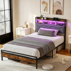 Bed van 90×200 cm met ledverlichting en USB-poorten – hoofdbord met opbergruimte – metalen bedframe – beddengoed Bed van 90×200 cm met ledverlichting en USB-poorten – hoofdbord met opbergruimte – metalen bedframe – beddengoed