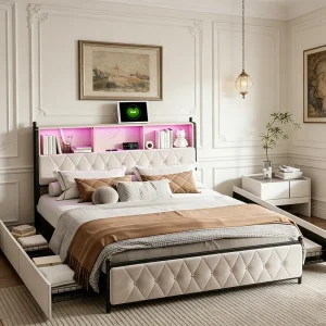 Bed 160×200 met opbergruimte in het hoofdeinde, tweepersoonsbed met led- en usb-poorten, bedframe met 4 lades, bed met lattenbodem, beige