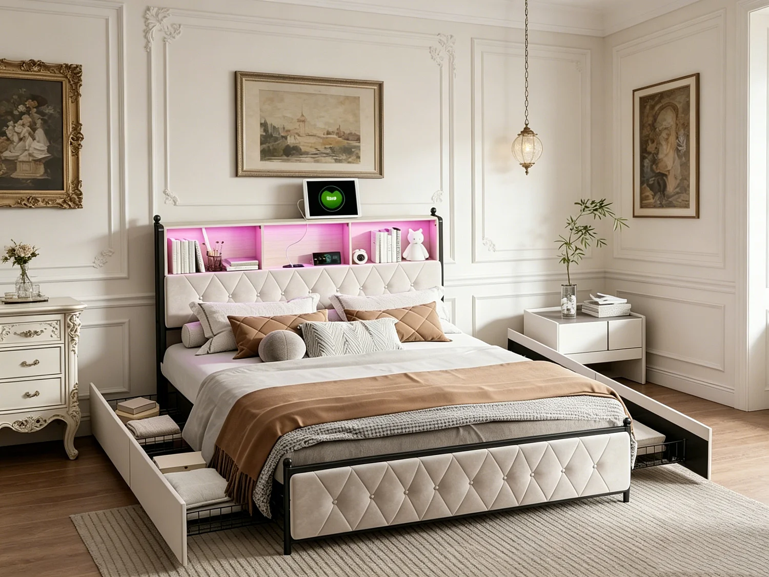 Bed 160x200 met opbergruimte in het hoofdeinde, tweepersoonsbed met led- en usb-poorten, bedframe met 4 lades, bed met lattenbodem, beige
