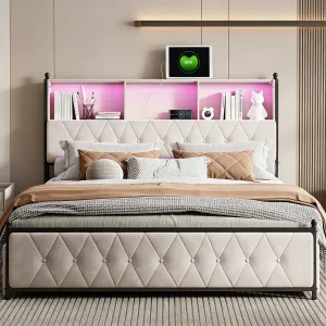 Bed 140×200 met opbergruimte in het hoofdeinde, tweepersoonsbed met led- en usb-poorten, bedframe met 4 lades, bed met lattenbodem, beige Bed 140×200 met opbergruimte in het hoofdeinde, tweepersoonsbed met led- en usb-poorten, bedframe met 4 lades, bed met lattenbodem, beige