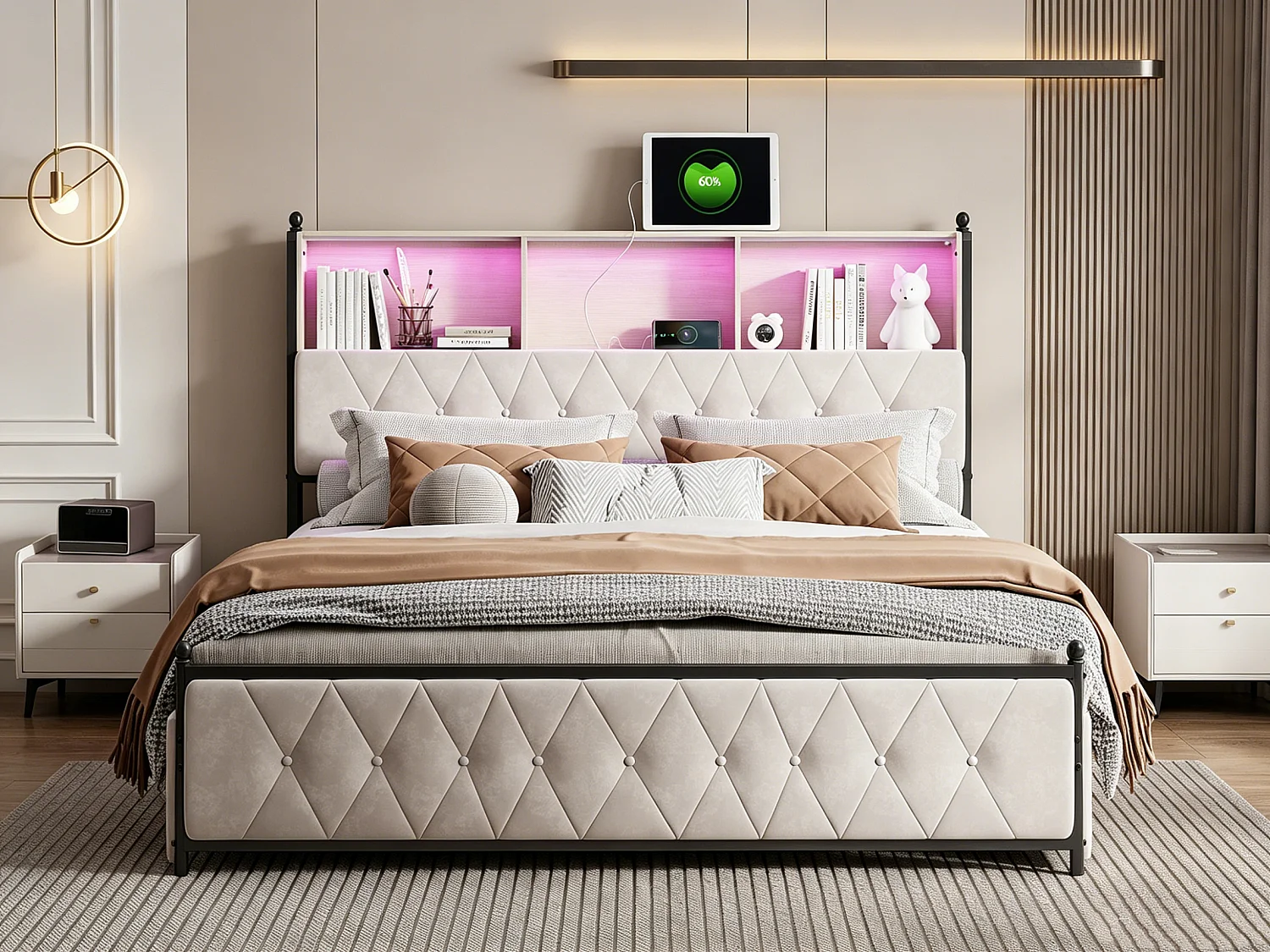 Bed 140x200 met opbergruimte in het hoofdeinde, tweepersoonsbed met led- en usb-poorten, bedframe met 4 lades, bed met lattenbodem, beige