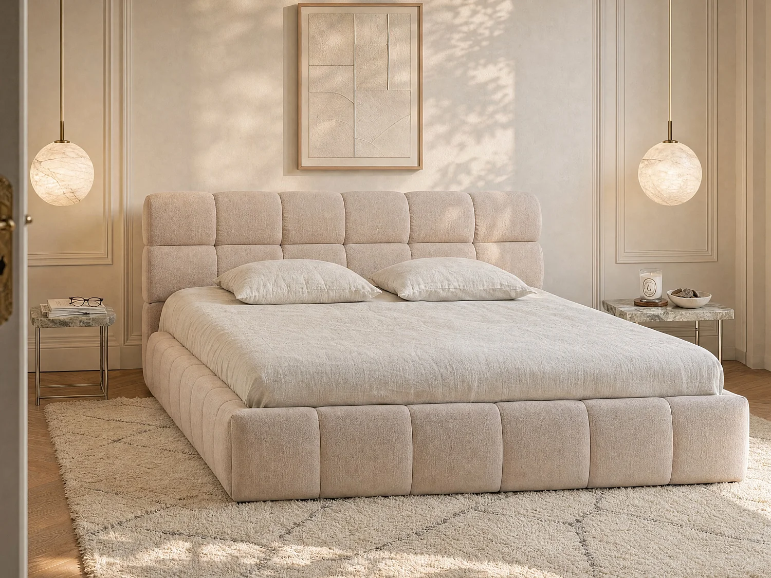 Bed met opbergruimte 200 x 200 cm van beige stof + matras - FORVIK van Pascal Morabito