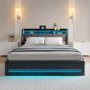 Opbergbed 160x200cm met LED/USB-aansluiting, tweepersoonsbed met lattenbodem en hoofdbord, linnen, grijs Opbergbed 160x200cm met LED/USB-aansluiting, tweepersoonsbed met lattenbodem en hoofdbord, linnen, grijs