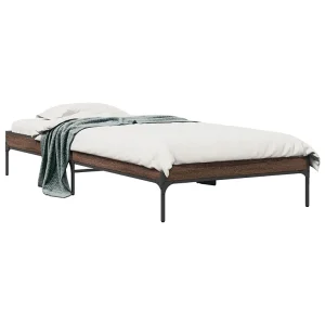 Bedframe bewerkt hout en metaal bruin eikenkleurig 100×200 cm Bedframe bewerkt hout en metaal bruin eikenkleurig 100×200 cm
